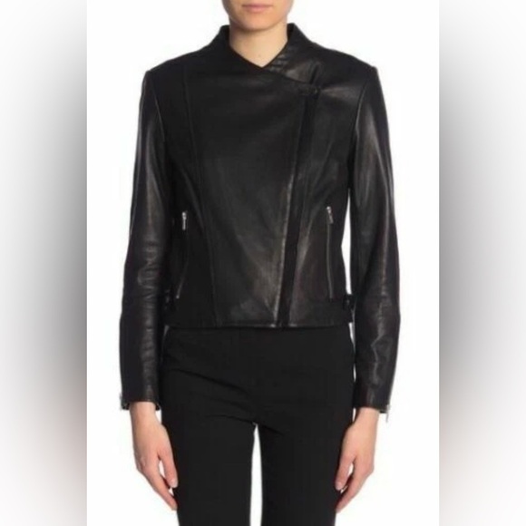 Theory Phelan Asymetrical Zip-Up Lamb Leather Jacket Black Luxury Size Large